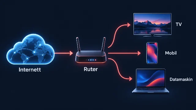 IPTV illustrert med internett, en ruter og piler til TV, mobil og datamaskin