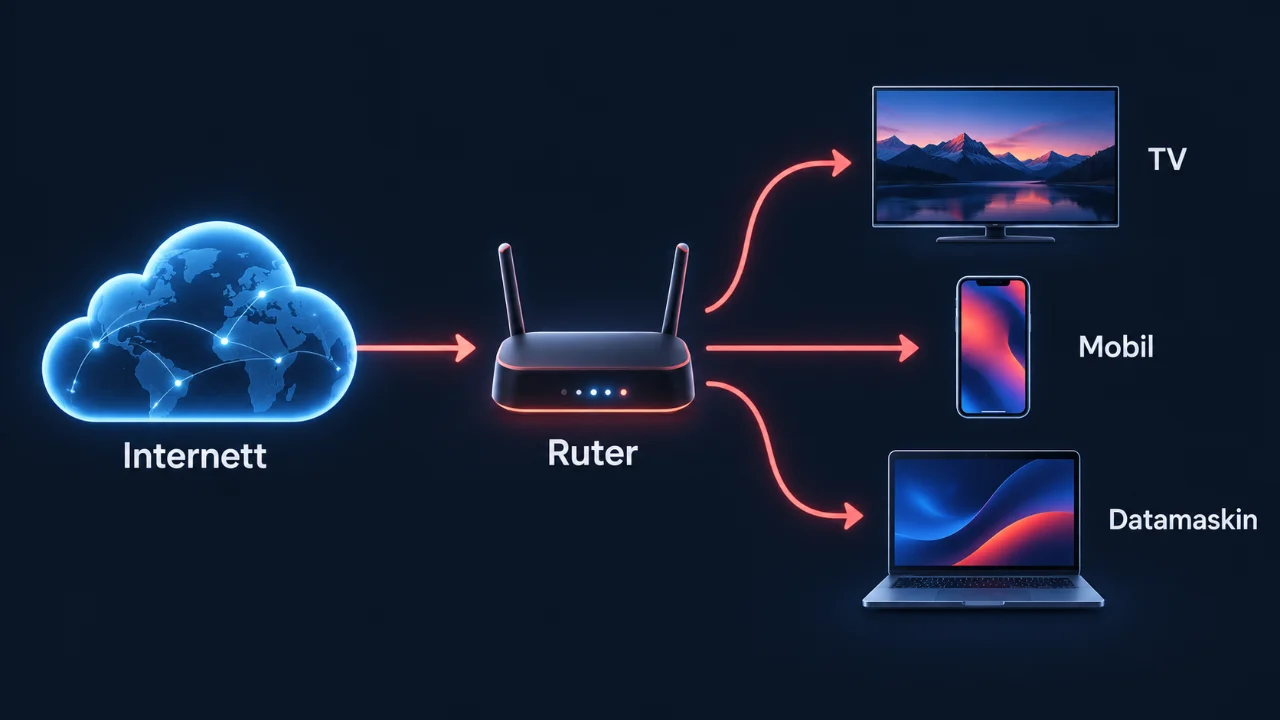 Illustrasjon av IPTV: En pil går fra internett til en ruter, og tre piler går videre til TV, mobil og datamaskin.
