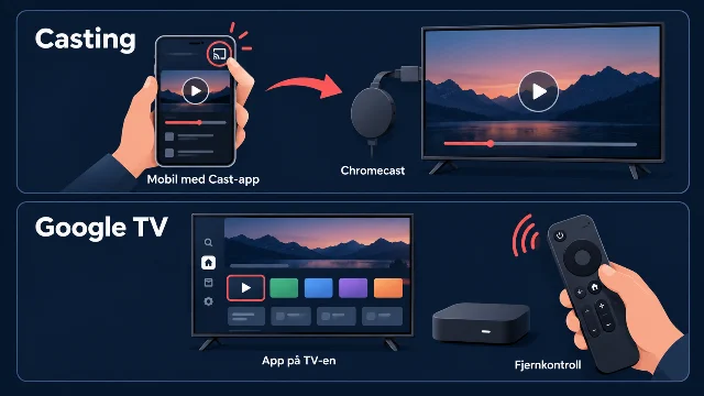 Casting fra en mobil til Chromecast, og en installert Google TV-app styrt med fjernkontroll.