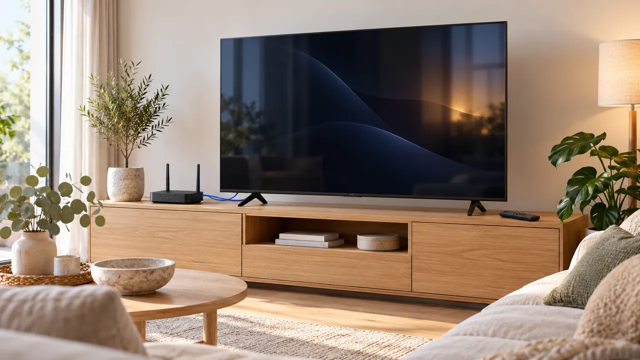 Smart-TV med fjernkontroll, ruter og Ethernet-kabel i en skandinavisk stue