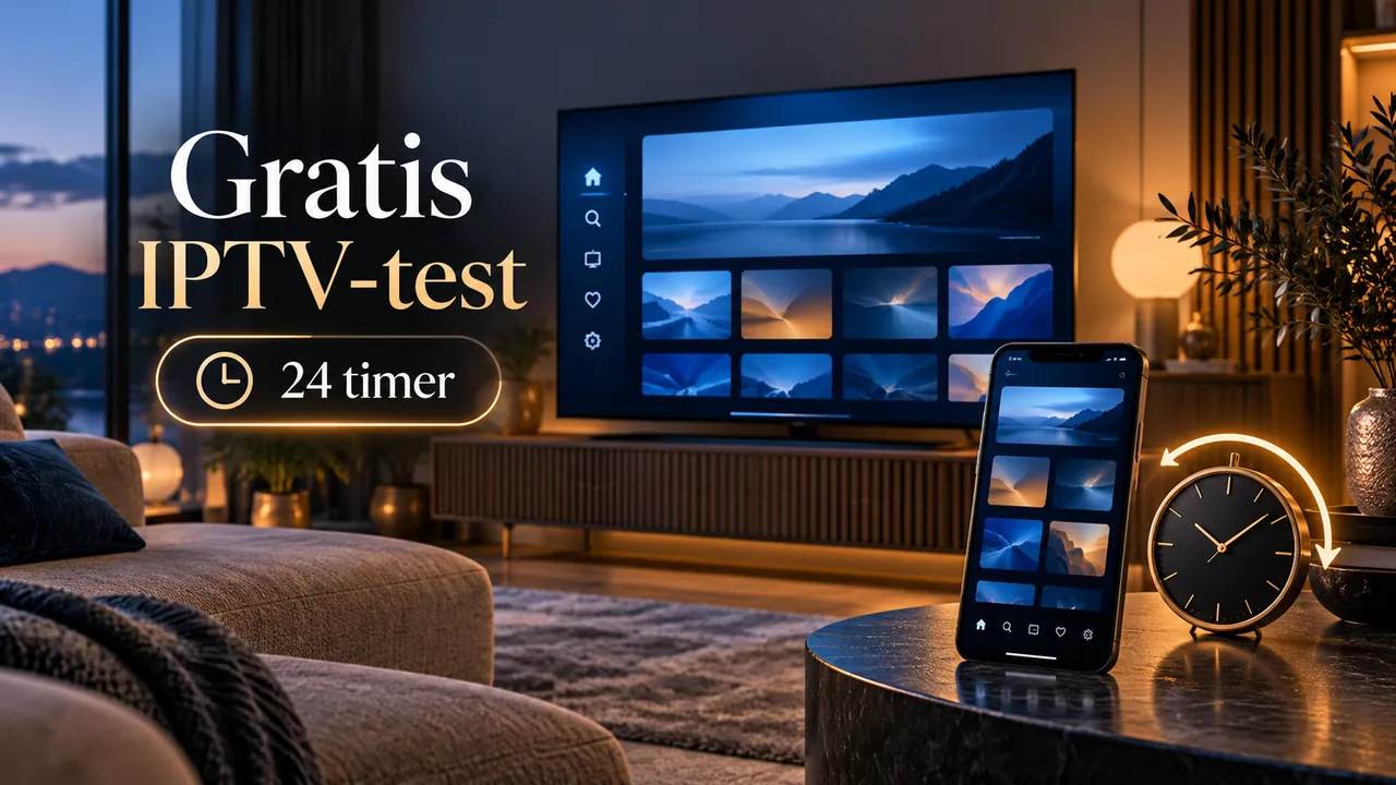 TV og mobil i en stue med teksten «Gratis IPTV-test» og «24 timer» samt et klokkesymbol
